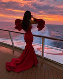Mermaid Strapless Satin Burgundy Prom Dresses Long Party Dress SD2235