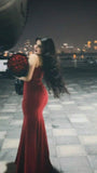 Mermaid Spaghetti Straps Satin Burgundy Prom Dresses Long Party Dress SD2237
