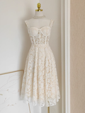 A Line Spaghetti Straps Tulle Lace White Women's Holiday Dresses SD223