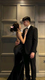 Mermaid Spaghetti Straps Black Satin Prom Dresses Long Party Dress SD2241