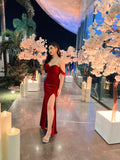Mermaid Off The Shoulder Short Sleeves Burgundy Long Prom Dresses Slit Party Dress SD2263