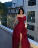 A Line Strapless Wine Red Slit Prom Dresses Long Party Dress SD2267 HZ0628