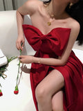 A Line Strapless Wine Red Slit Prom Dresses Long Party Dress SD2267 HZ0628