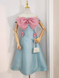 A line Strapless Blue Satin Women's Holiday Dresses Birthday Outfits SD226