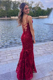 Mermaid Spaghetti Straps Burgundy Backless Prom Dresses Long Party Dress SD2270 HZ0628