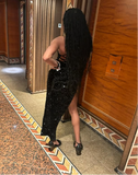 Mermaid Spaghetti Straps Sequin Slit Black Long Prom Dresses Party Dress SD2282