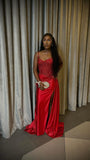 Mermaid Spaghetti Straps Slit Red Satin Prom Dresses Long Party Dress HZ0628