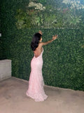 Mermaid Spaghetti Straps Blush Pink Lace Prom Dresses Long Party Dress SD2284 HZ0628