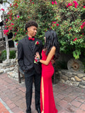 Mermaid Strapless Slit Red Prom Dresses Long Party Dress SD2286