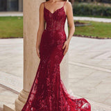 Mermaid Spaghetti Straps Burgundy Lace Prom Dresses Long Party Dress SD2287 HZ0628