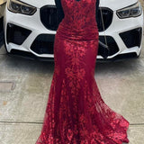 Mermaid Spaghetti Straps Burgundy Lace Prom Dresses Long Party Dress SD2287 HZ0628