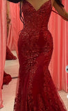 Mermaid Spaghetti Straps Burgundy Lace Prom Dresses Long Party Dress SD2287 HZ0628