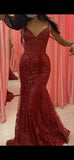 Mermaid Spaghetti Straps Burgundy Lace Prom Dresses Long Party Dress SD2287 HZ0628