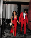 Mermaid Strapless Slit Red Sequin Prom Dresses Long Party Dress SD2290