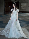 Mermaid Off The Shoulder Tulle Silver Beads Long Prom Dresses Formal Evening Dress SD2311