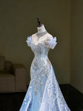 Mermaid Off The Shoulder Tulle Silver Beads Long Prom Dresses Formal Evening Dress SD2311