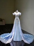 Mermaid Off The Shoulder Tulle Silver Beads Long Prom Dresses Formal Evening Dress SD2311