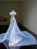 Mermaid Off The Shoulder Tulle Silver Beads Long Prom Dresses Formal Evening Dress SD2311
