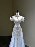 Mermaid Off The Shoulder Tulle Silver Beads Long Prom Dresses Formal Evening Dress SD2311