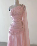 Sheath One Shoulder Pink Long Chiffon Evening Gown Prom Dresses SD2314 HZ0628