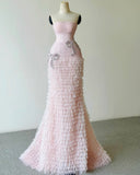 Mermaid Strapless Tulle Pink Long Prom Dresses Party Dress SD2316 HZ0628