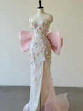 Mermaid Strapless Pink Sequin Long Floral Prom Dresses Party Dress SD2319