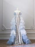 Mermaid Off The Shoulder Sequin Blue Long Prom Dresses Evening Gowns SD2320