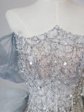 Mermaid Off The Shoulder Sequin Blue Long Prom Dresses Evening Gowns SD2320