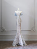 Mermaid Off The Shoulder Sequin Blue Long Prom Dresses Evening Gowns SD2320