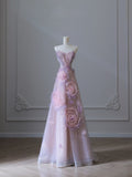 Ball Gown Sweetheart Pink Floral Tulle Long Prom Dresses Evening Gowns SD2323