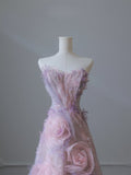 Ball Gown Sweetheart Pink Floral Tulle Long Prom Dresses Evening Gowns SD2323