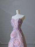 Ball Gown Sweetheart Pink Floral Tulle Long Prom Dresses Evening Gowns SD2323