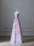 Ball Gown Sweetheart Pink Floral Tulle Long Prom Dresses Evening Gowns SD2323
