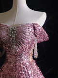 A Line Off The Shoulder Pink Sequin Long Prom Dresses Evening Gowns SD2329