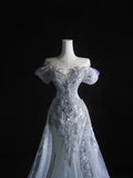 Mermaid Off The Shoulder Silver Beads Long Prom Dresses Formal Evening Dress SD2333