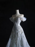 Mermaid Off The Shoulder Silver Beads Long Prom Dresses Formal Evening Dress SD2333