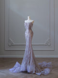 Mermaid Strapless Lilac Sequin Beads Long Prom Dresses Formal Evening Dress SD2334