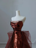 Mermaid Strapless Sequin Long Burgundy Ruffles Long Prom Dresses Formal Evening Dress SD2350