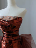 Mermaid Strapless Sequin Long Burgundy Ruffles Long Prom Dresses Formal Evening Dress SD2350