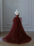 Mermaid Strapless Sequin Long Burgundy Ruffles Long Prom Dresses Formal Evening Dress SD2350