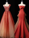 Mermaid Strapless Satin Long Rust Red Ruffles Long Prom Dresses Formal Evening Dress SD2354