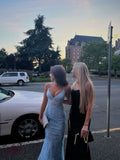 Mermaid Spaghetti Straps Maxi Long Party Light Blue Lace Prom Dresses Evening Dress SD2379