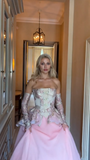 Ball Gown Strapless Pink Long Lace Prom Dresses Formal Evening Dress SD2393