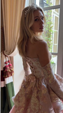 Ball Gown Strapless Pink Long Lace Prom Dresses Formal Evening Dress SD2393