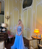 A Line Off The Shoulder Maxi Long Party Light Blue Chiffon Prom Dresses Evening Dress SD2395 HZ0628