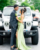 Mermaid Spaghetti Straps Sage Green Long Satin Prom Dresses Formal Evening Dress SD2416 HZ0628