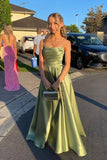 Strapless Sage Green Satin A-line Long Formal Gown Evening Dress SD2406