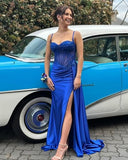 Mermaid Spaghetti Straps Sage Green Long Satin Prom Dresses Formal Evening Dress SD2416 HZ0628