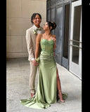 Mermaid Spaghetti Straps Sage Green Long Satin Prom Dresses Formal Evening Dress SD2416 HZ0628