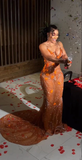 Mermaid Strapless Floor Length Orange Lace Sequin Evening Dress Prom Dresses SD2418 HZ0628